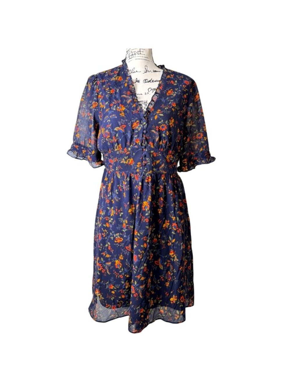 Madewell Womens Size 8 Freesia Dress in Climbing Vine Navy Orange Floral Ruffle